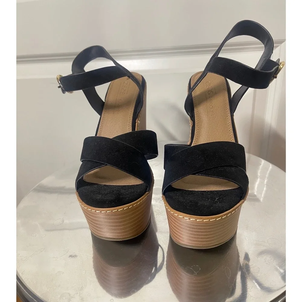 ASOS DESIGN Black Faux Suede Platform Wedge Sandals Ankle Strap Gold Buckle